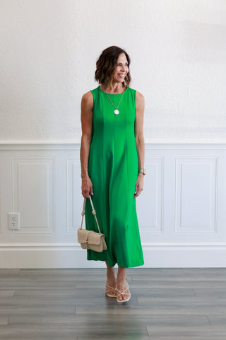 Sleeveless Panel Seam Midi Dress in Green