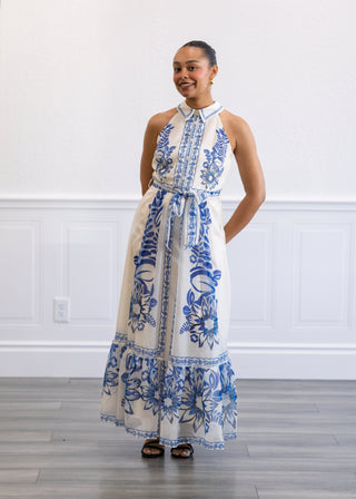 Blue Odyssey Halter Maxi Dress