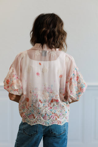 Chiffon Embroidered Button Front Blouse