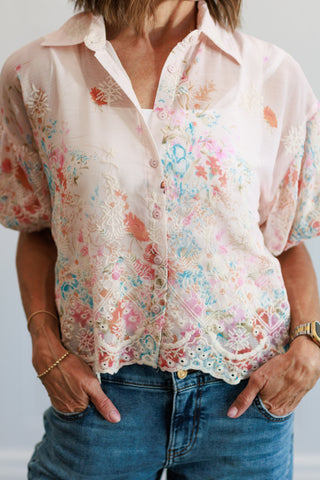Chiffon Embroidered Button Front Blouse