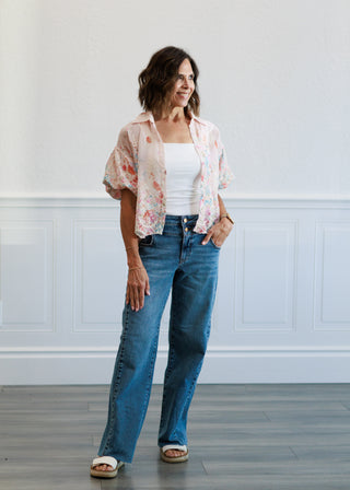 Chiffon Embroidered Button Front Blouse