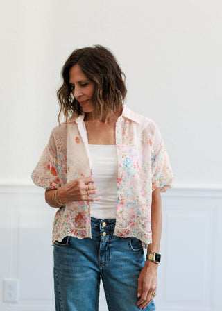Chiffon Embroidered Button Front Blouse