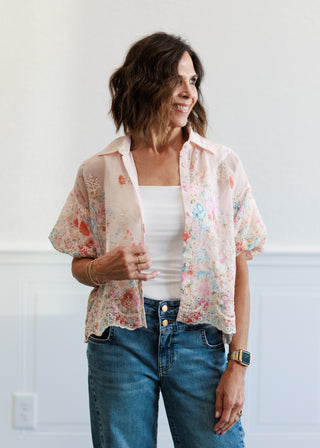 Chiffon Embroidered Button Front Blouse