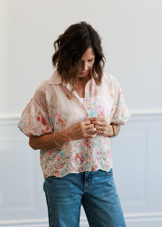 Chiffon Embroidered Button Front Blouse