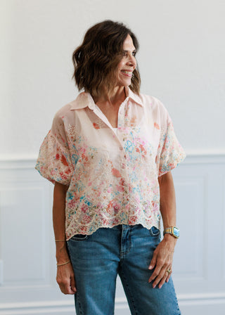 Chiffon Embroidered Button Front Blouse