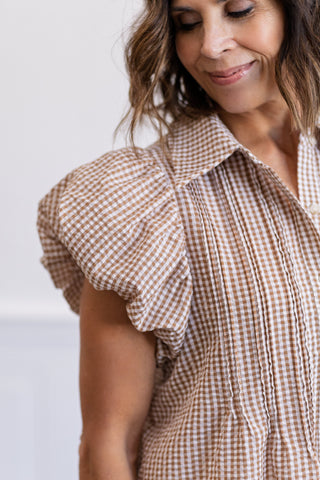Plaid Puff Sleeve Pintuck Top in Tan