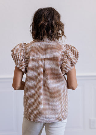 Plaid Puff Sleeve Pintuck Top in Tan