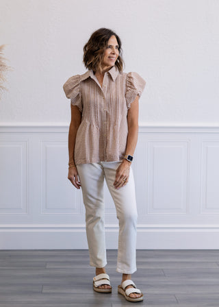 Plaid Puff Sleeve Pintuck Top in Tan