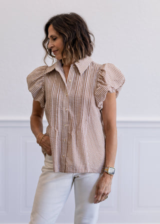 Plaid Puff Sleeve Pintuck Top in Tan