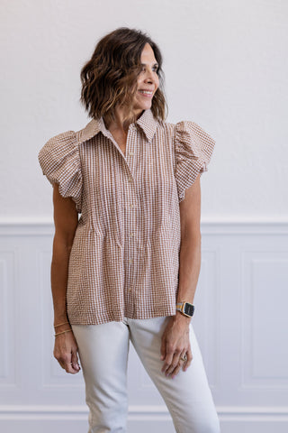 Plaid Puff Sleeve Pintuck Top in Tan