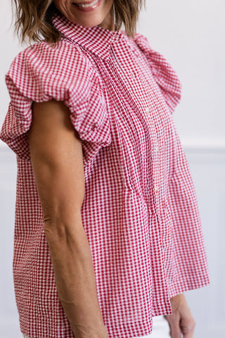 Plaid Puff Sleeve Pintuck Top in Red