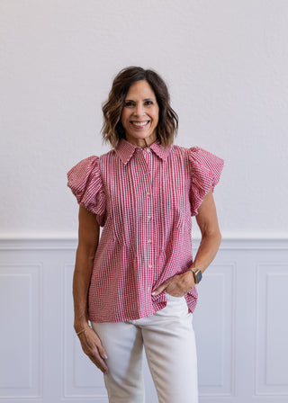 Plaid Puff Sleeve Pintuck Top in Red