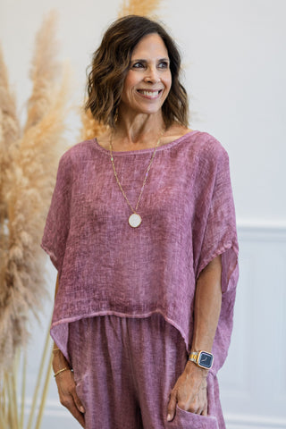 Italian Linen Pancho Top in Grape