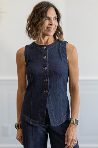 Round Neck Button Denim Vest