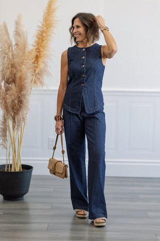 Round Neck Button Denim Vest