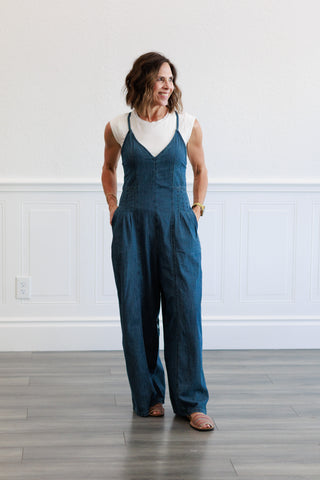 Chambray Fabric Jumpsuit in Indigo Blue
