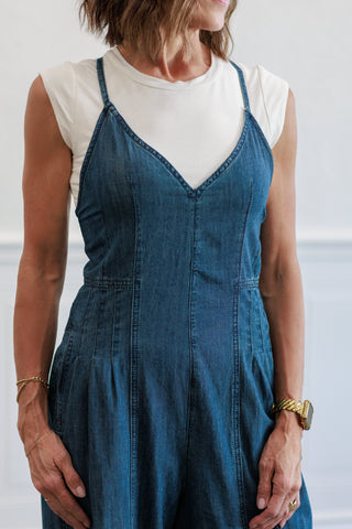 Chambray Fabric Jumpsuit in Indigo Blue