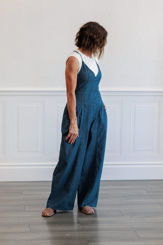 Chambray Fabric Jumpsuit in Indigo Blue