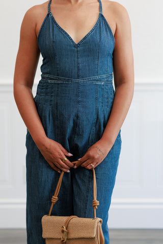Chambray Fabric Jumpsuit in Indigo Blue