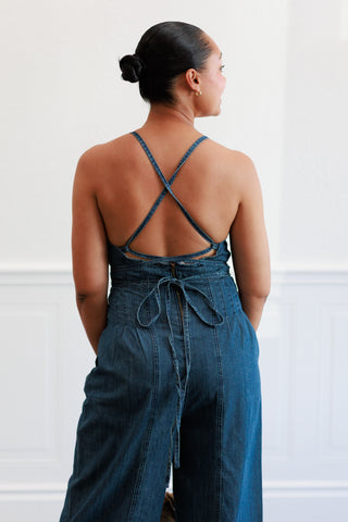 Chambray Fabric Jumpsuit in Indigo Blue