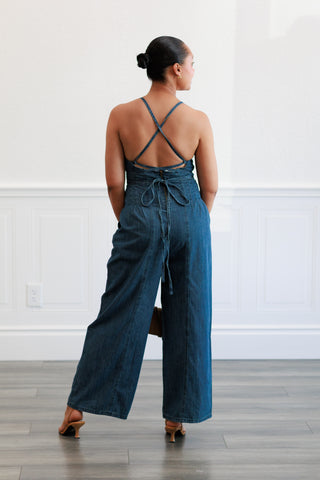 Chambray Fabric Jumpsuit in Indigo Blue