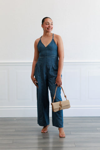 Chambray Fabric Jumpsuit in Indigo Blue