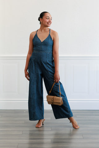 Chambray Fabric Jumpsuit in Indigo Blue