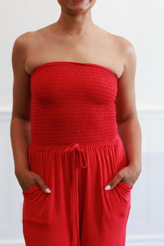 Smock Tube Top Jumpsuit in Ruby