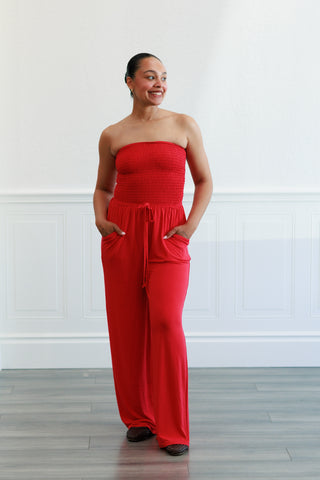 Smock Tube Top Jumpsuit in Ruby