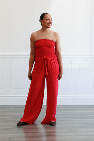 Smock Tube Top Jumpsuit in Ruby