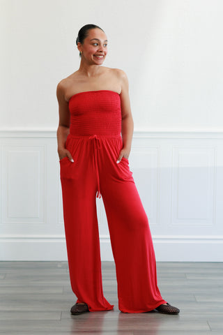 Smock Tube Top Jumpsuit in Ruby