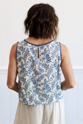 Blue Paisley Crochet Trim Linen Top