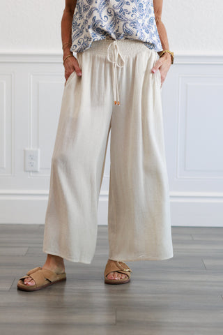 Soft Linen Smocked Tie Capri Pants