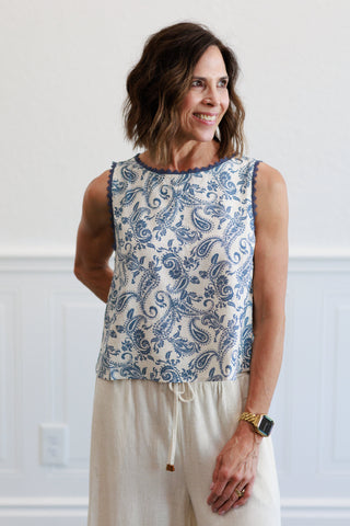 Blue Paisley Crochet Trim Linen Top