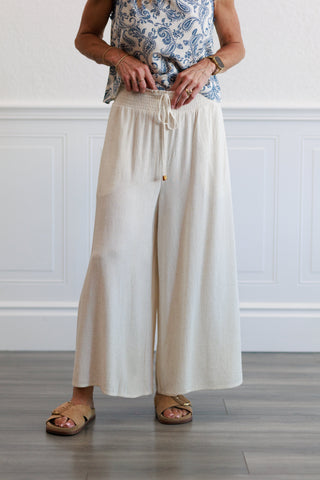 Soft Linen Smocked Tie Capri Pants