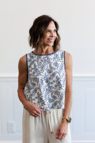 Blue Paisley Crochet Trim Linen Top