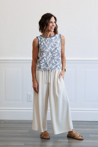 Soft Linen Smocked Tie Capri Pants