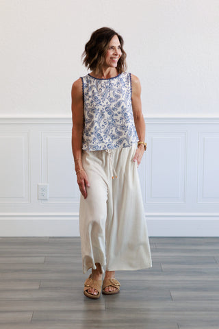 Blue Paisley Crochet Trim Linen Top