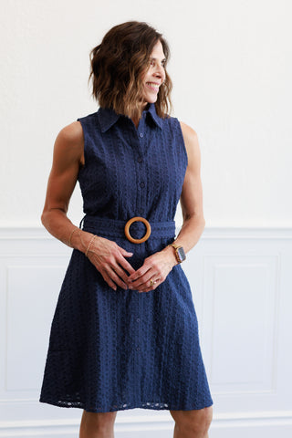 Button Down Eyelet Dress in Navy