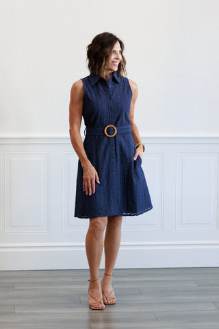 Button Down Eyelet Dress in Navy