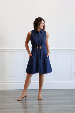 Button Down Eyelet Dress in Navy