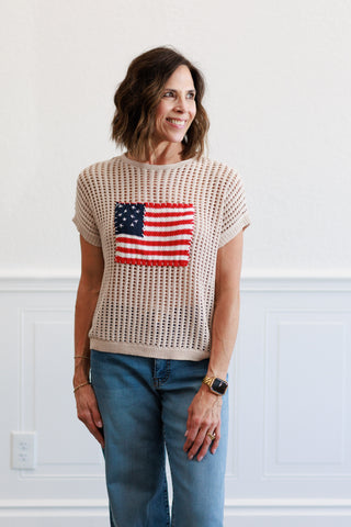 Viscose American Flag Sweater Top in Sand Beige