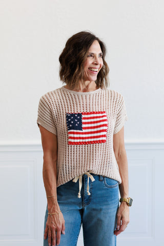 Viscose American Flag Sweater Top in Sand Beige