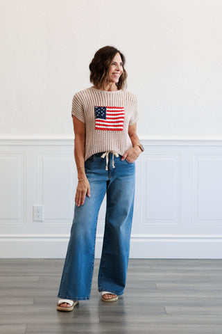 Viscose American Flag Sweater Top in Sand Beige