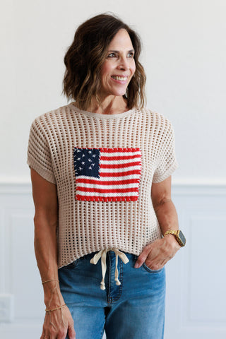 Viscose American Flag Sweater Top in Sand Beige