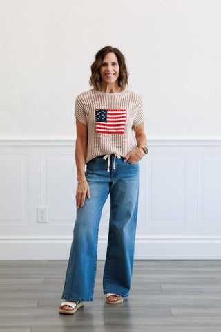 Viscose American Flag Sweater Top in Sand Beige