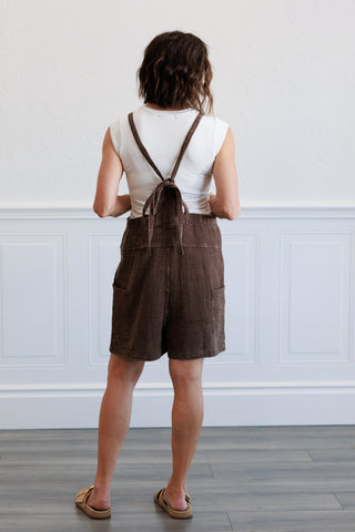 Washed Gauze Tie Back Rompers in Brown