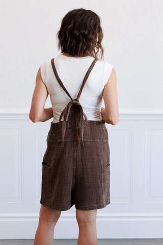 Washed Gauze Tie Back Rompers in Brown
