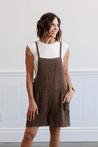 Washed Gauze Tie Back Rompers in Brown