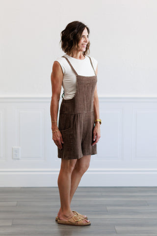 Washed Gauze Tie Back Rompers in Brown